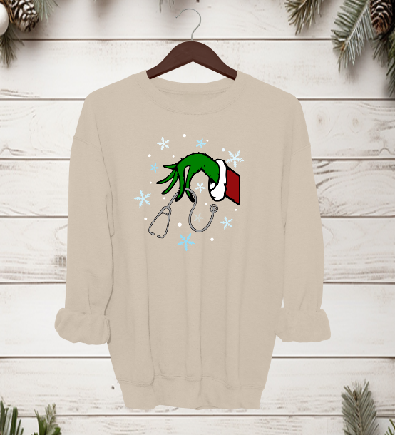 Grinch Holding Stethoscope Crewneck Sweater