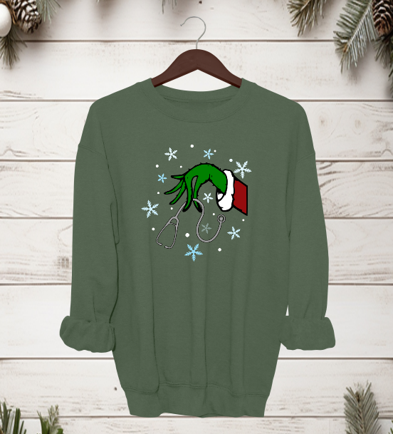 Grinch Holding Stethoscope Crewneck Sweater