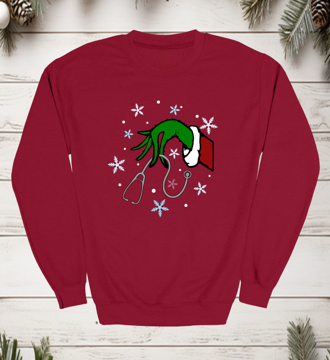 Grinch Holding Stethoscope Crewneck Sweater