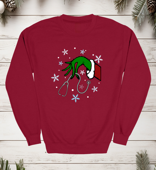Grinch Holding Stethoscope Crewneck Sweater